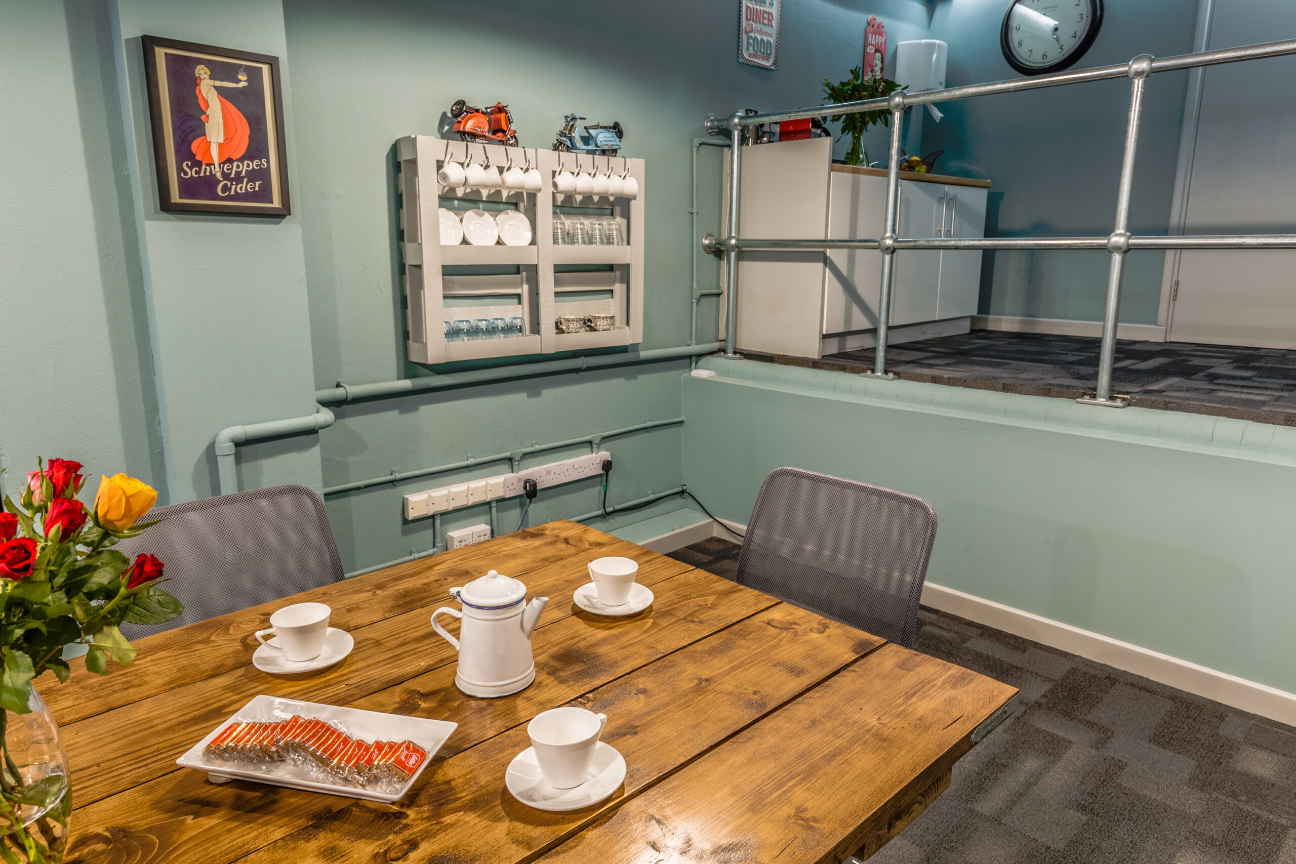Meeting room kitchenette with coffee tea and refreshments station