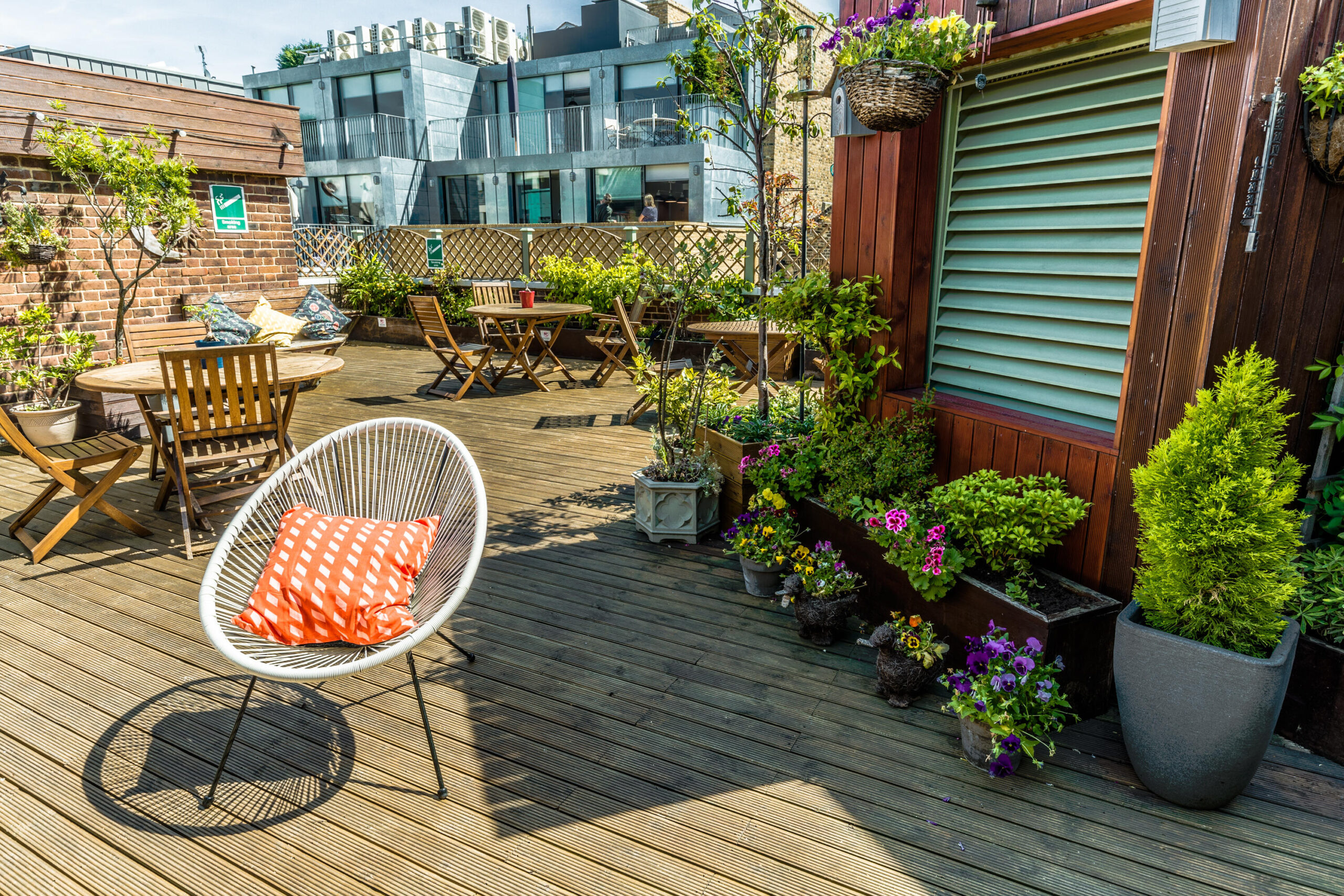 Outdoor seating area on the Roof Garden in Shoreditch