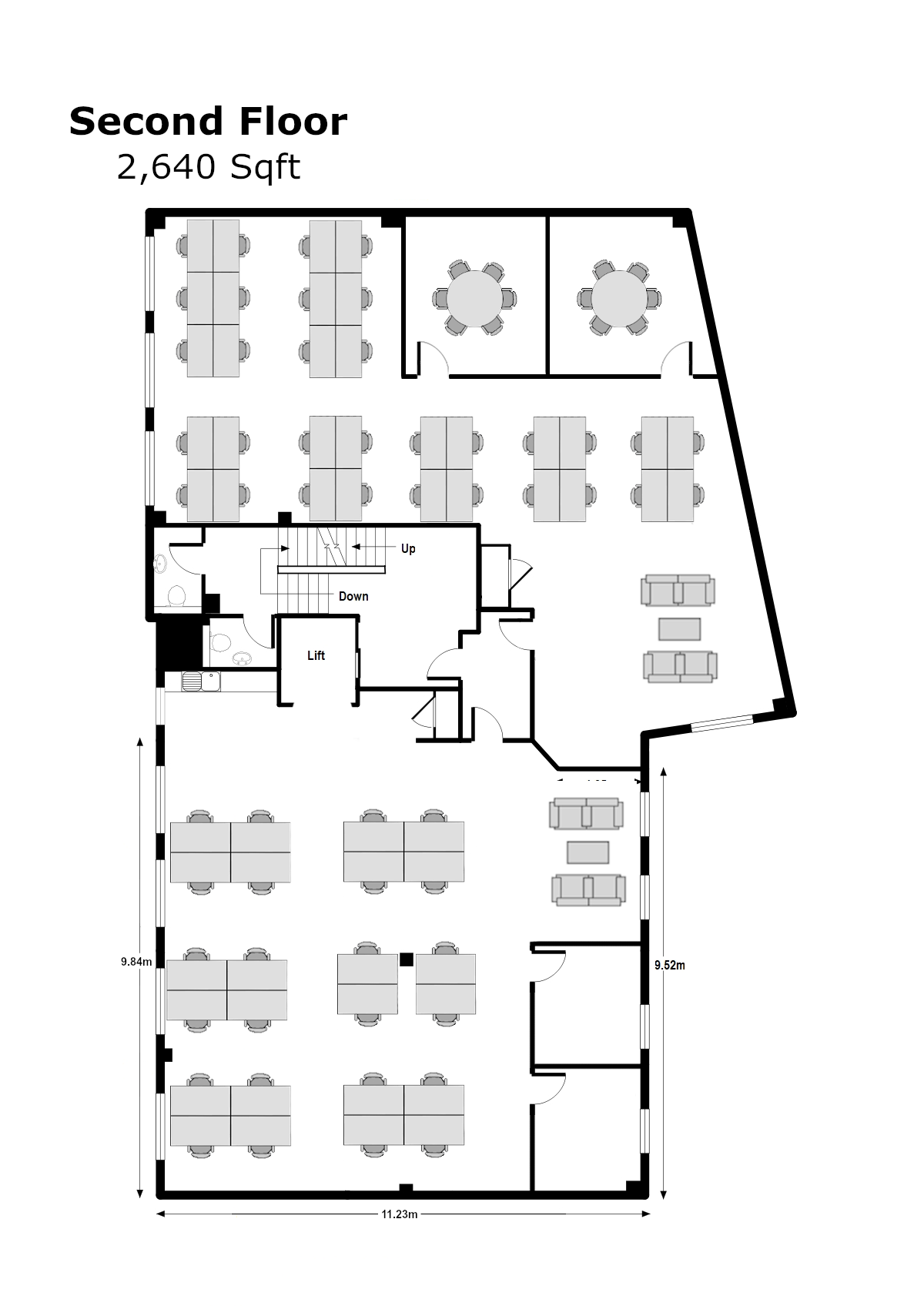 Second-floor floor plan showing a 2,640 sq ft office layout with multiple open-plan desk clusters, two enclosed meeting rooms, lounge seating areas, kitchenette, toilets, stairwell, and lift, with room dimensions marked around the perimeter.