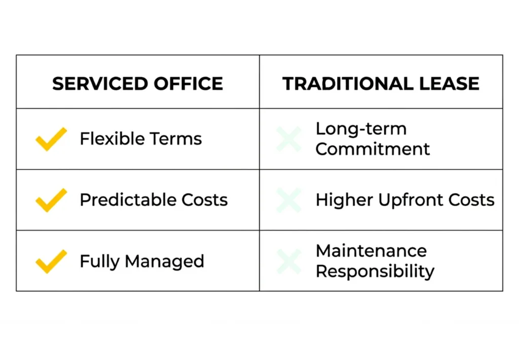 Comparison table showing the advantages of flexible serviced offices over traditional commercial leases.