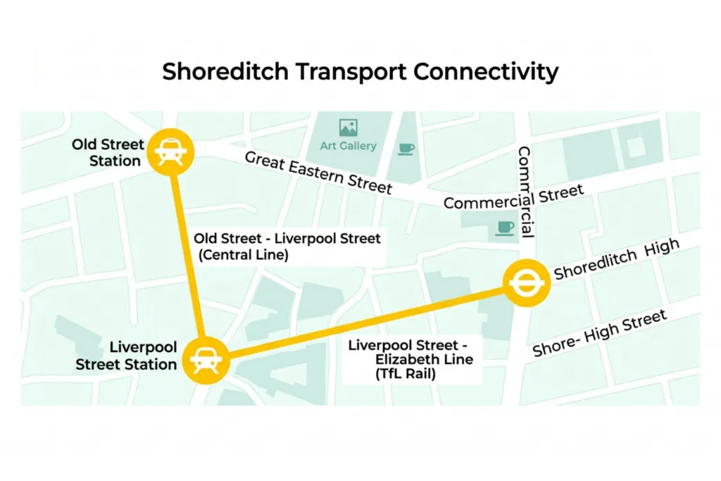 Transport map showing the connectivity of Shoreditch to the rest of London via major rail and tube stations.